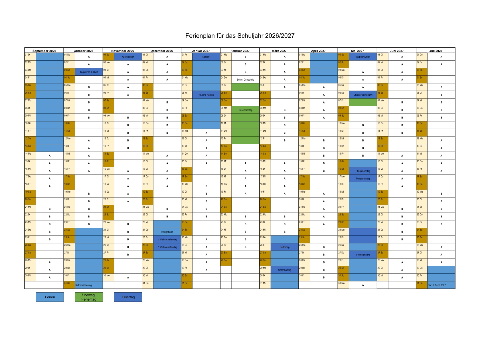 Kalender mit den ausgezeichneten A-B-Wochen