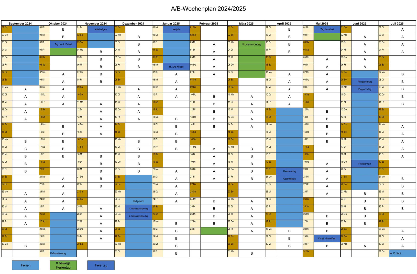 Kalender mit den ausgezeichneten A-B-Wochen